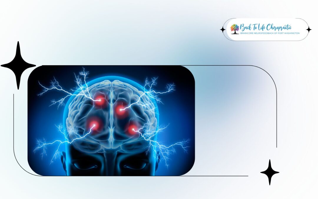Visualization of a brain with digital wave patterns and stress-related graphics indicating anxiety activity.